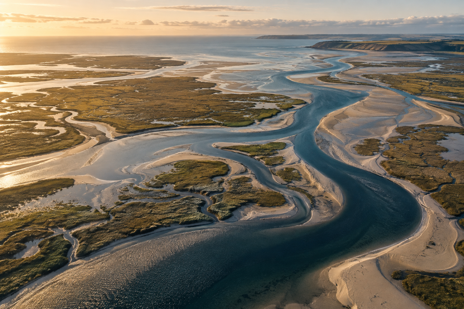 Organic tidal channels opening into a clear blue estuary